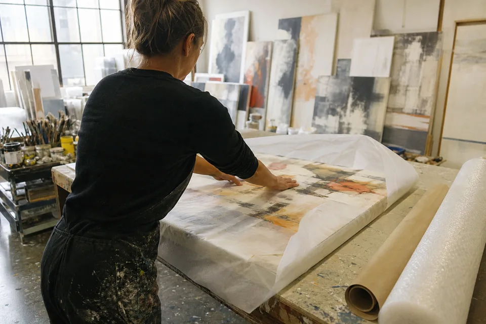 A painter wraps a finished canvas in glassine in her studio before it goes to the gallery