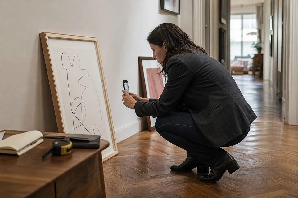 An art advisor photographs a framed work for a private collection inventory in a collector's apartment hallway