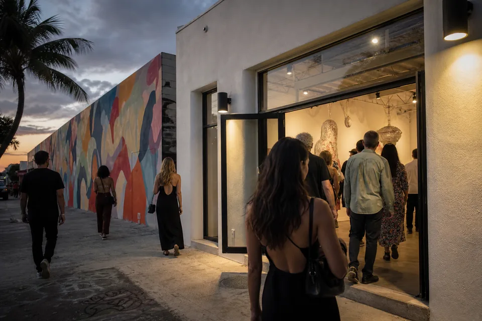 A gallery facade with a painted mural wall and visitors in the evening warmth of a Miami arts district