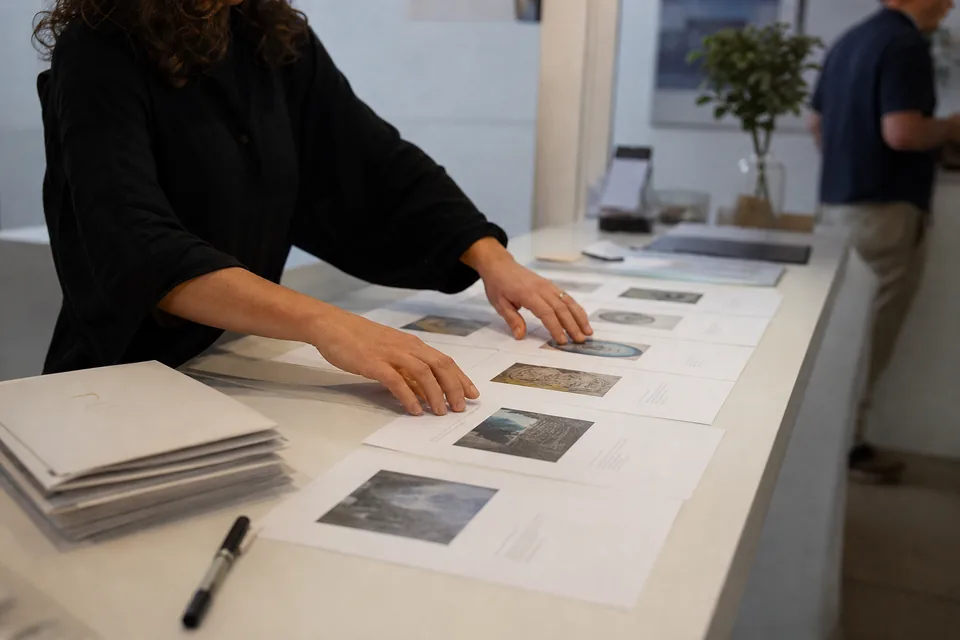 Printed availability sheets with artwork images laid out on a gallery front desk next to a stack of envelopes