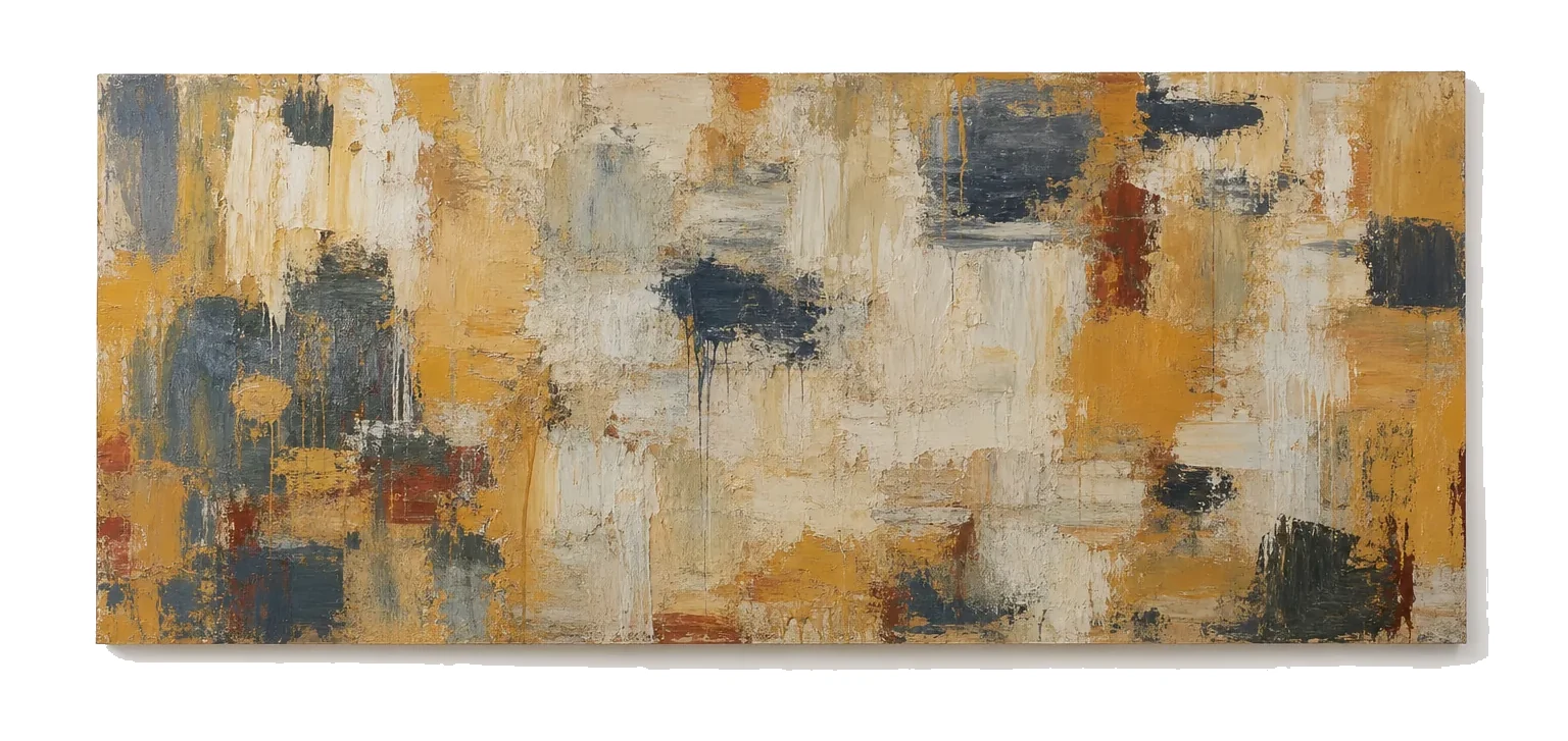 Sample artwork, large horizontal abstract oil painting on a white gallery wall